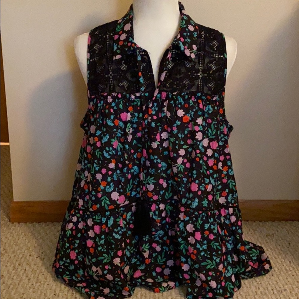 Kate Spade floral lace silk flutter blouse XL